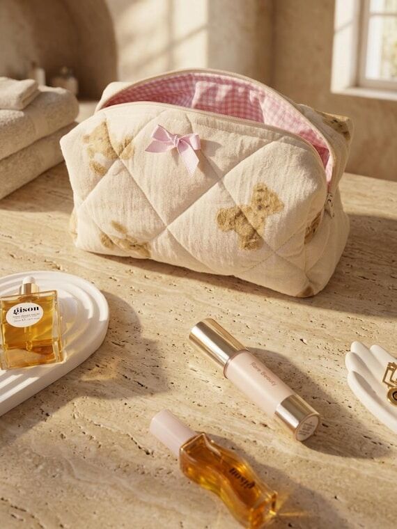 Handmade Teddy Bear Quilted Makeup Bag - Pers...