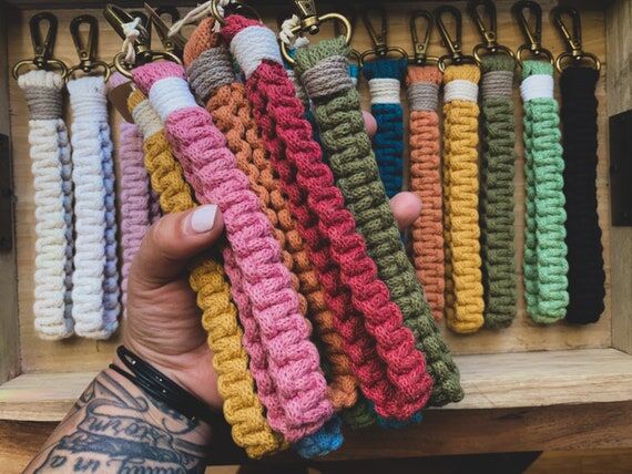 Macrame Keychain Wristlet, Boho Lanyard, Came...