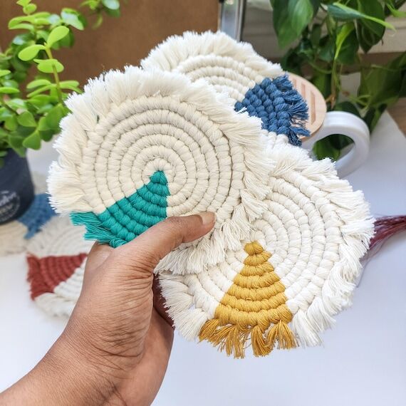 Macrame Color Block Coasters, Handwoven round...