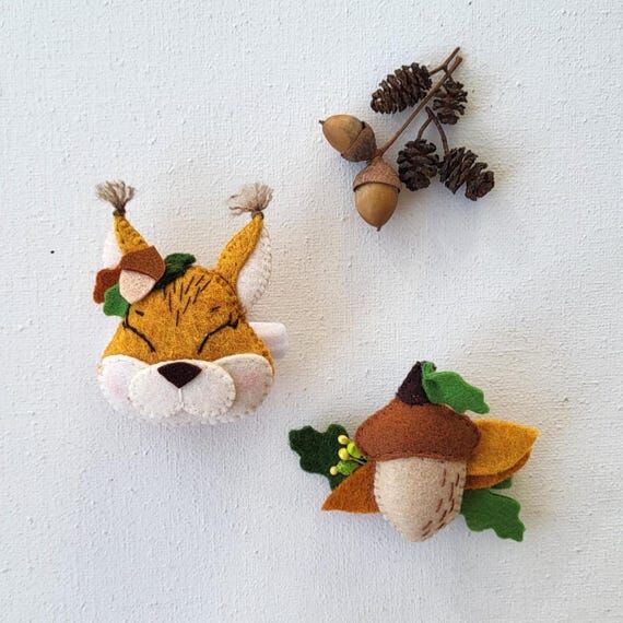 Woodland animal hair clips, felt squirrel bar...