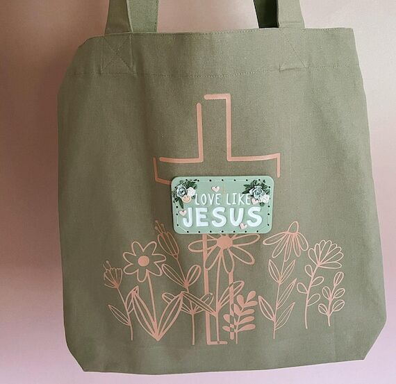 Love Like Jesus Floral Clay Patch Tote Bag- S...