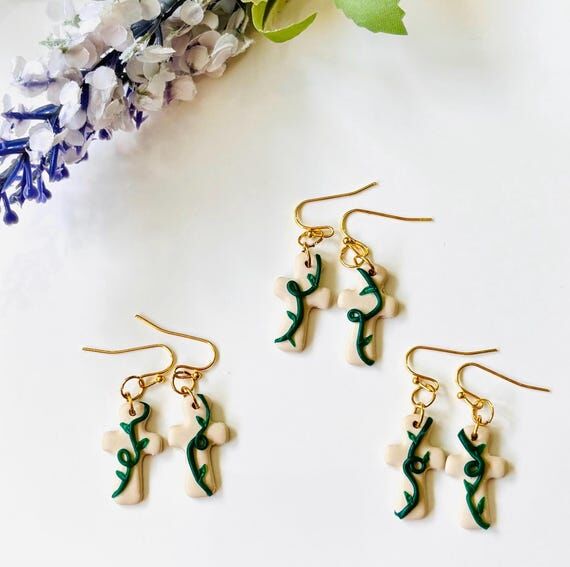 Polymer Clay Cross Earrings with Ivy...