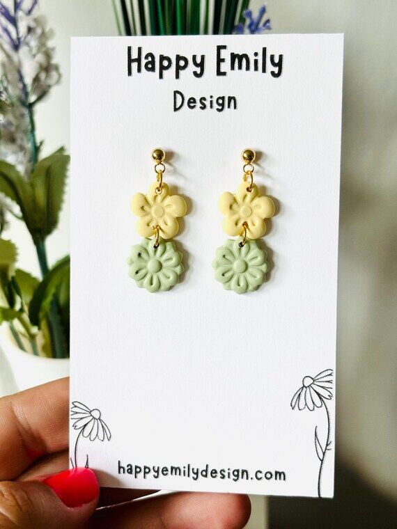 Clay Flower Dangles, Sage Green, Buttery Yell...