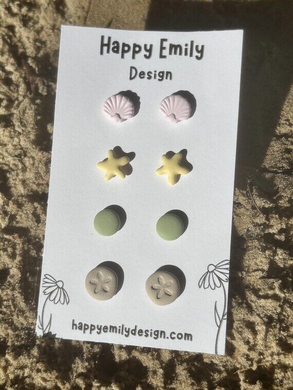 Beachy Summer Seashell Starfish Clay Stud Ear...