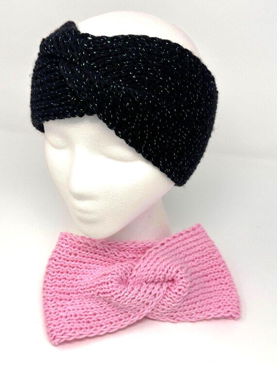 Hand Knit Sparkle Headband: Twisted Cotton Bl...