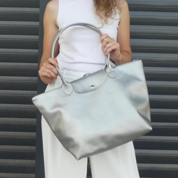 Handmade Silver Leather Weekender Bag, Women'...