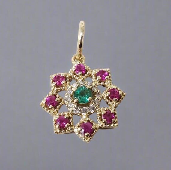 14k Gold Floral Pendant Necklace: Emerald, Ru...