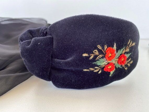 Black velvet top knotted headband embroidered...