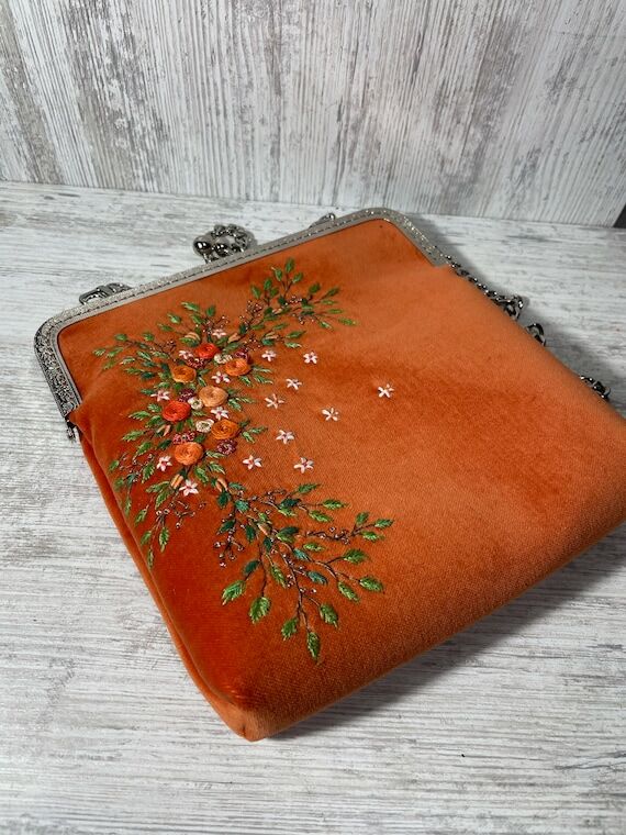Terracotta Velvet Bag with flower embroidery,...