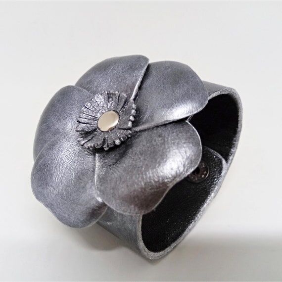 Wide cuff bracelet for women, Silver leather ...
