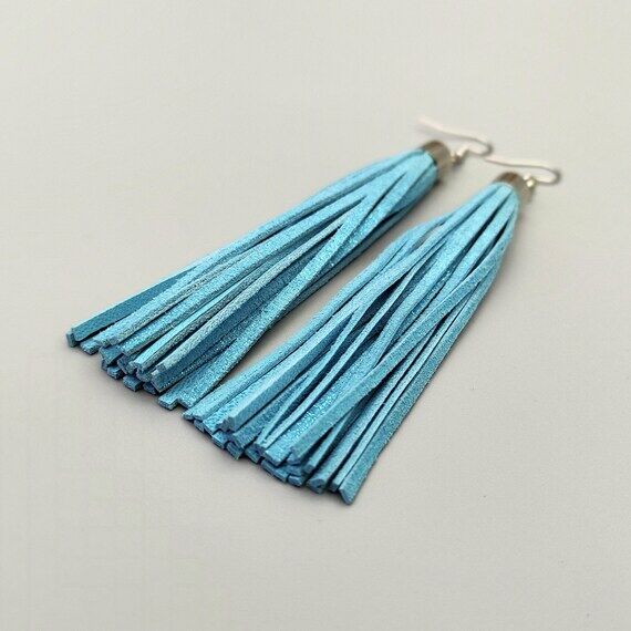 Extra long tassel earrings Teal fringe earrin...