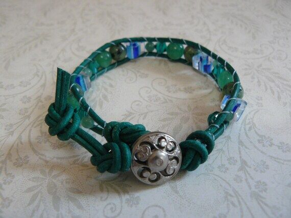 Leather Wrap Bracelet, Green Bracelet, Aventu...