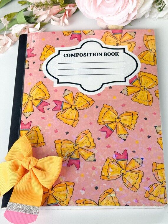 composition notebook, bows, back to school, b...