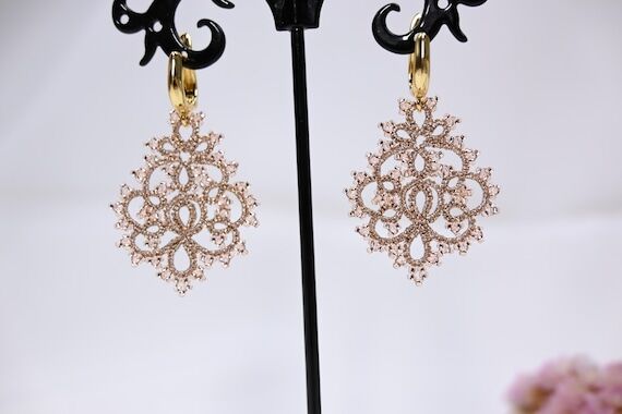 Lace earrings, champagne lace earrings with c...