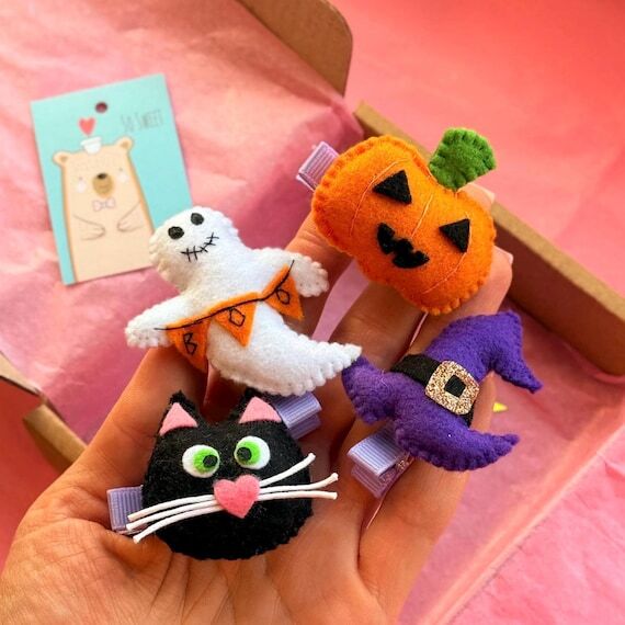 Halloween hair clips, Pumpkin hair ties, Cute...
