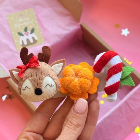 Handmade Christmas Hair Clip Set: Felt Reinde...