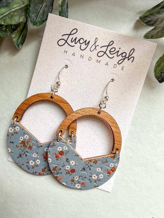 Blue Floral Leather Earrings, Handmade Statem...