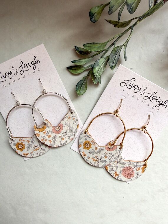 Autumn Rose Floral Leather Earrings, Handmade...