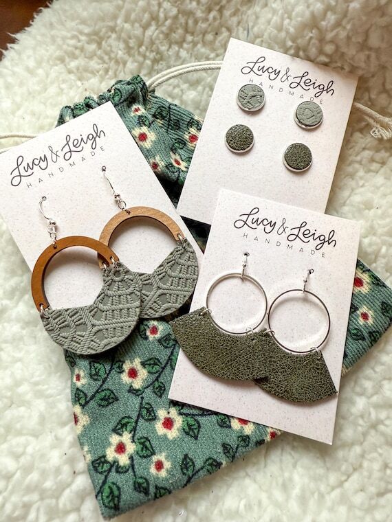 Earring set of 3, leather earring set, handma...