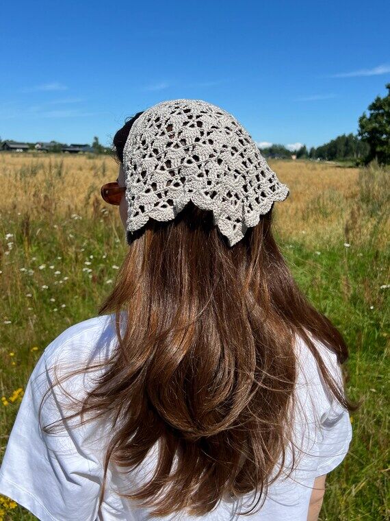 Handmade Crochet Lace Bandana Light Gray Vint...