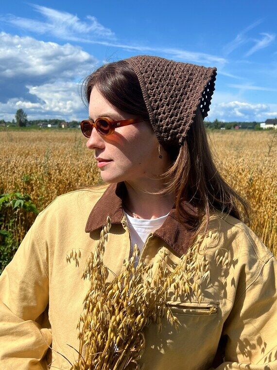 Brown Crochet Bandana Handmade Vintage Hair S...