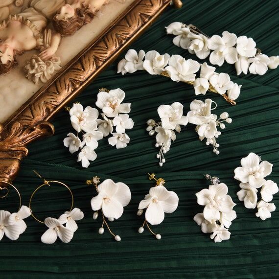 Ceramic White Flowers Petals Earrings, Weddin...