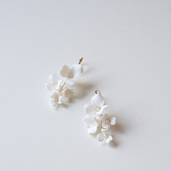 White Porcelain Flower Bridal Earrings with F...