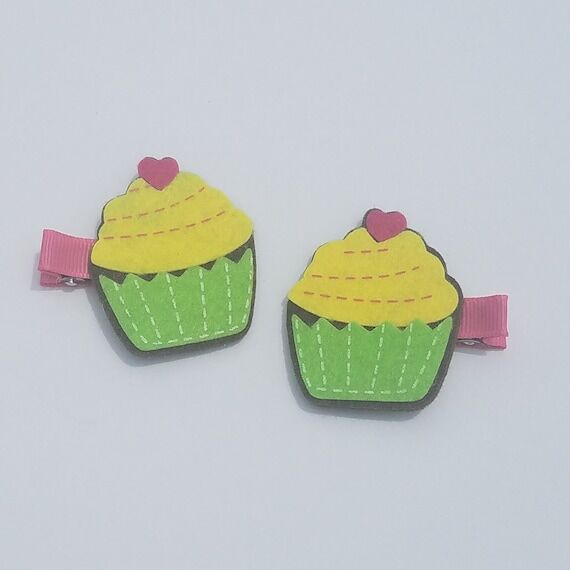 Felt Cupcake Hair Clips: Green & Yellow Birth...