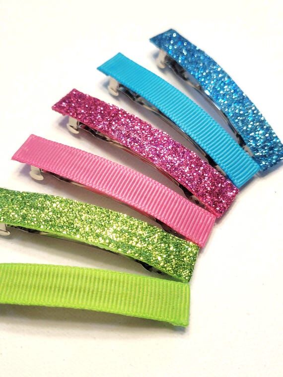 Sparkly Glitter Ribbon Barrette Set: Pink Gre...