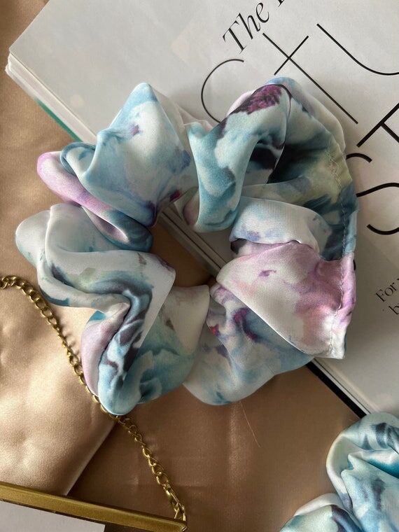Handmade Floral Satin Scrunchie: Soft Blue & ...