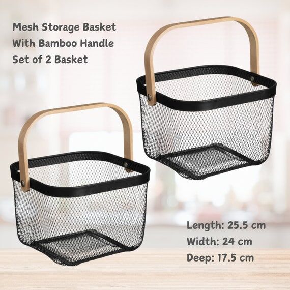 Mesh Storage Basket with Bamboo Handle (Set o...