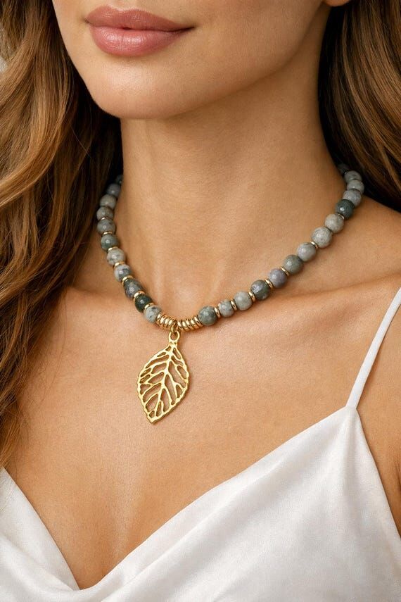Agate Beaded Necklace – Gold Leaf Pendant, ...