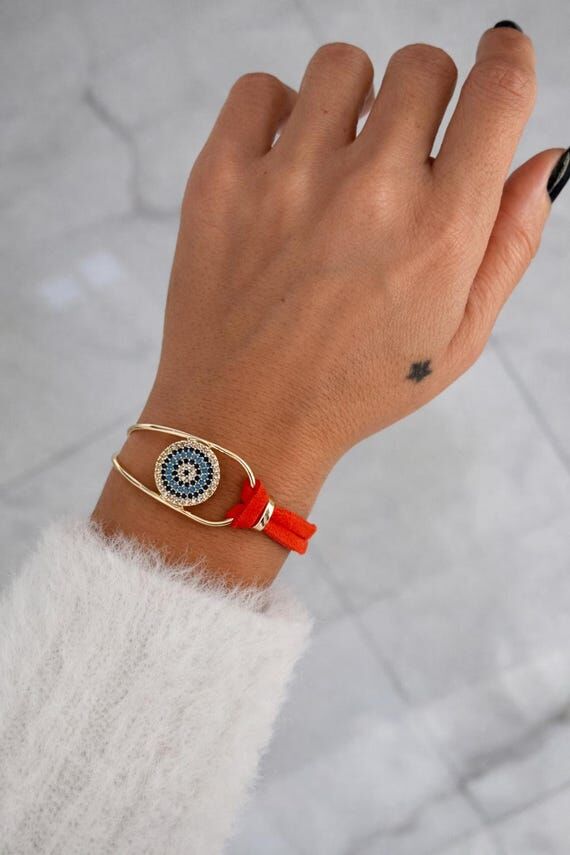 Gold Plated Evil Eye Bracelet – Orange Cord...