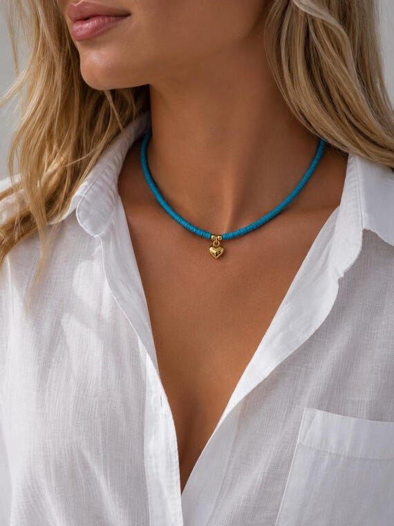 Handmade Beaded Necklace with Gold Plated Hea...