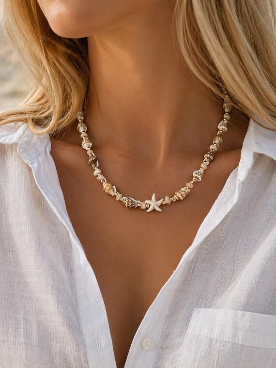Seashell Starfish Necklace, Natural Shell & C...