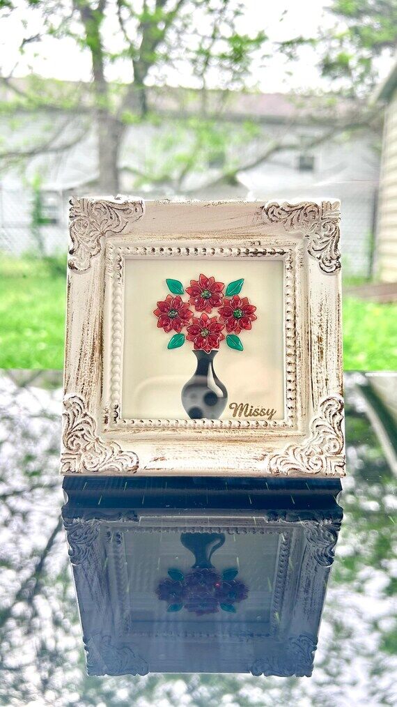 Handmade Resin Poinsettia Art in Vintage Fram...