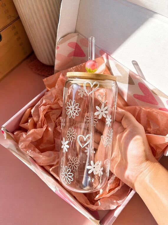 Personalized Glass Beer Can Cup, Floral Desig...