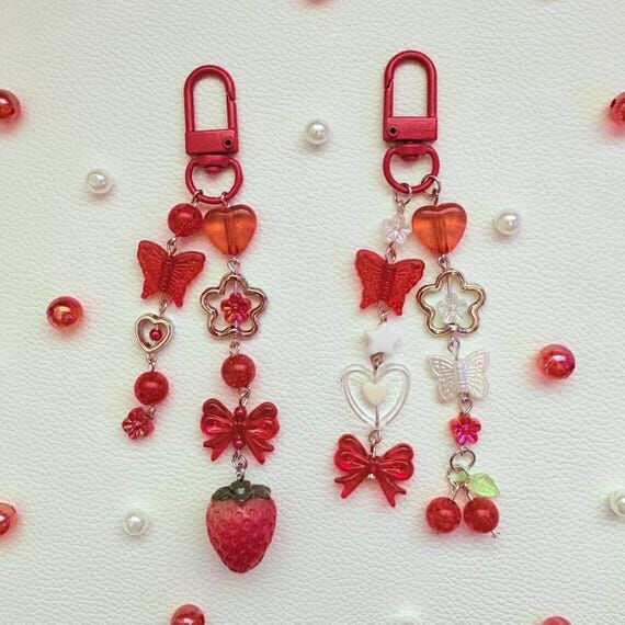 Strawberry Cherry Beaded Keychain, Red Fruit ...