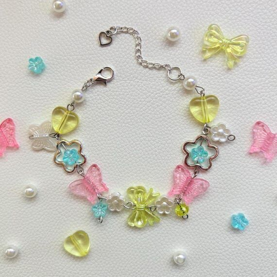 Pastel Butterfly Beaded Charm Bracelet, Kawai...