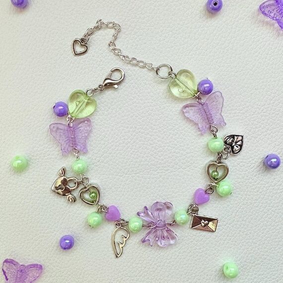 Purple Green Butterfly Bracelet, Bow Charm Br...