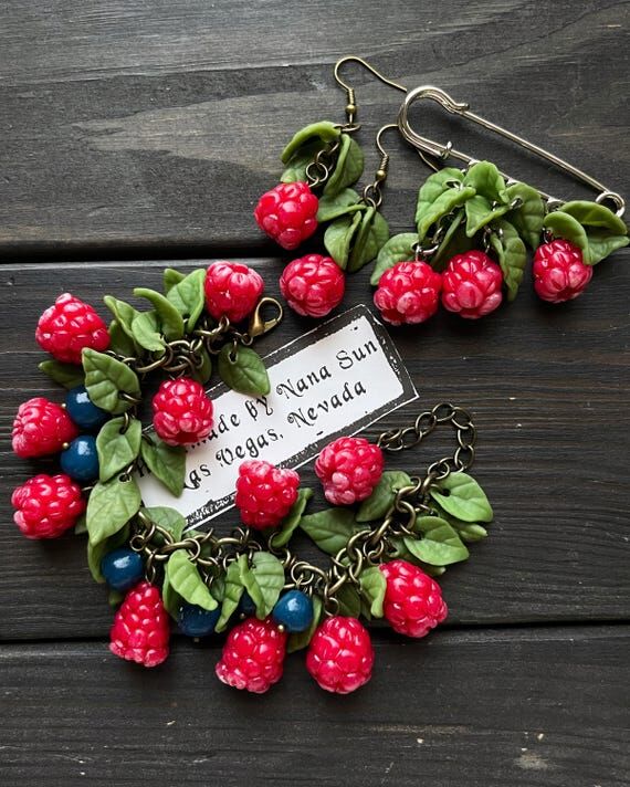 Handmade Clay Botanical Bracelet: Raspberries...
