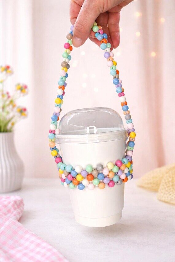 Dopamine Colorful Beaded Cup Holder, Handmade...