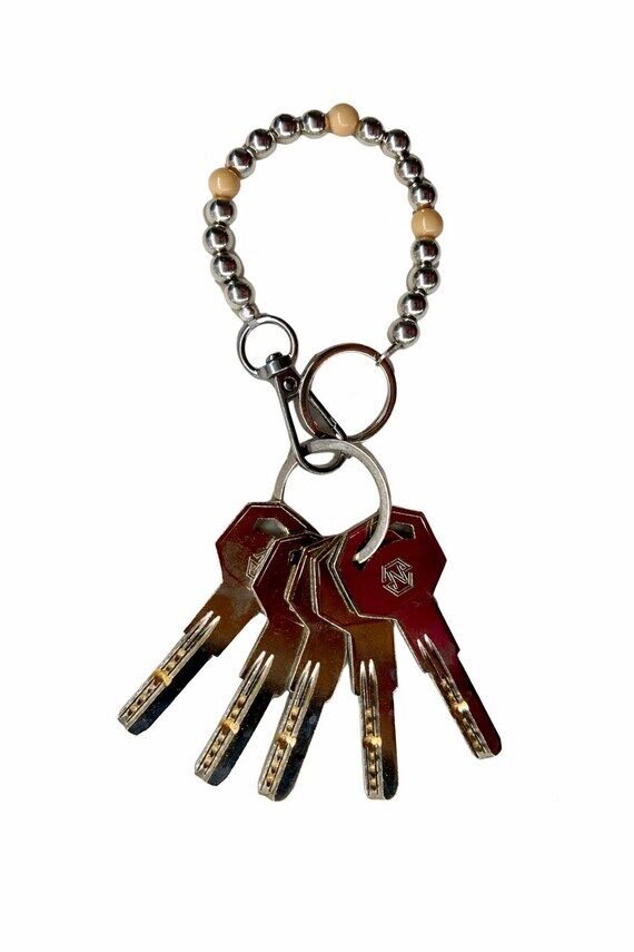 Beige Silver Beaded Keychain, Minimalist Bag ...