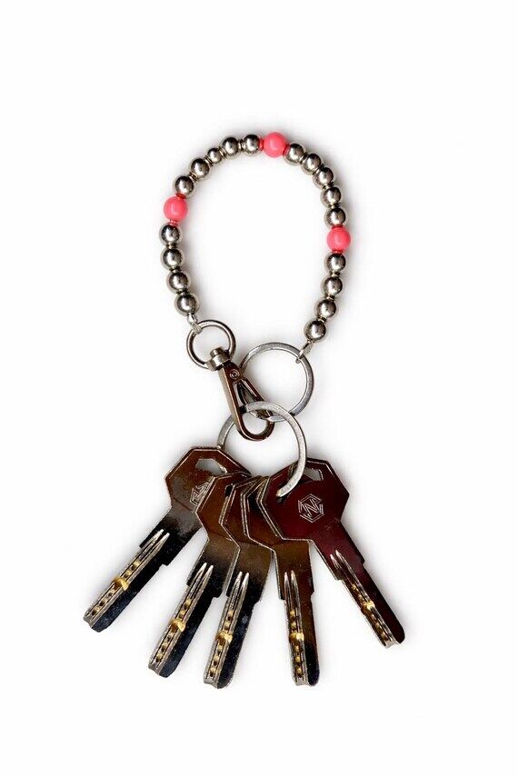 Beaded Wristlet Keychain, Silver Coral Bracel...