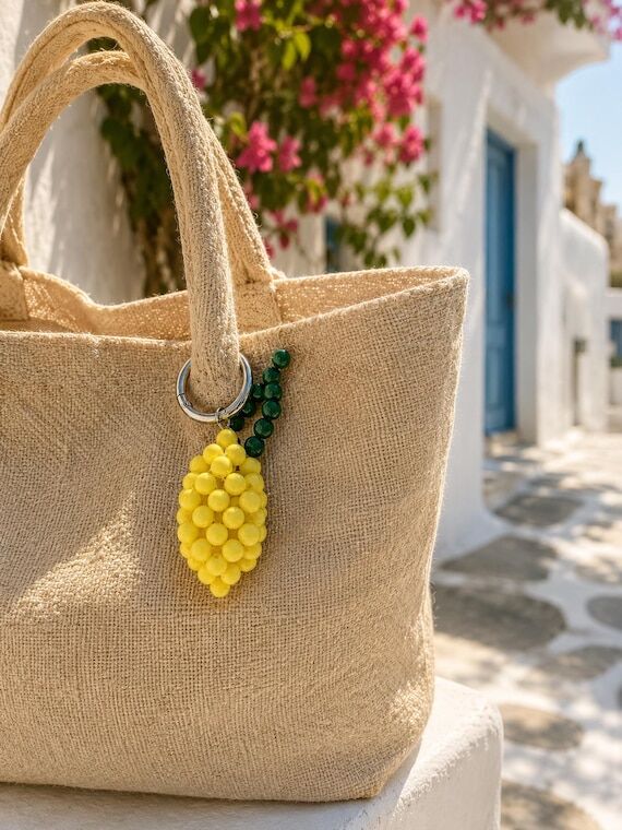 Lemon Bag Charm, Yellow Beaded Keychain, Medi...