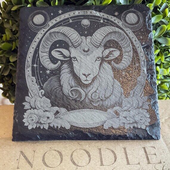 Engraved Aries Zodiac Slate Coaster: Celestia...