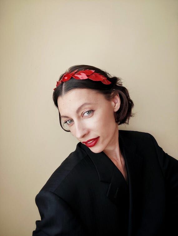 Red shining headband/ Red leaf crown with gli...
