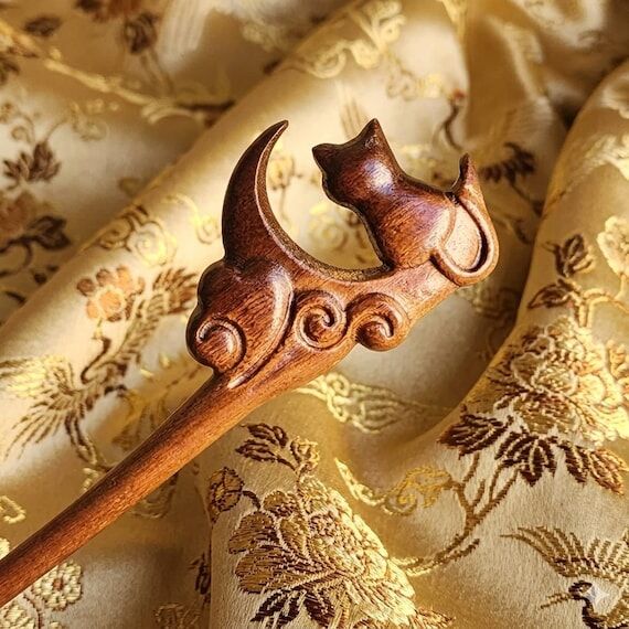Hand-Carved Cat and Moon Hair Stick - Sandalw...