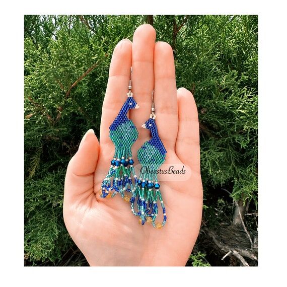 Turquoise Peacock Beaded Earrings • Dangle ...