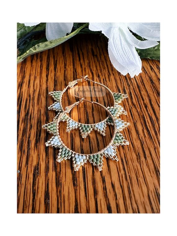 Light green and gold beaded spike earrings/ H...